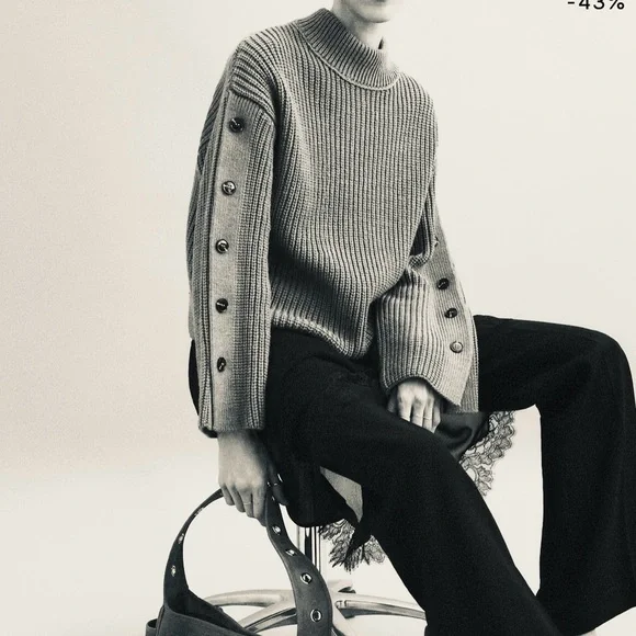 MANGO // cream ivory button detail mockneck sweater rib knit pocket - Picture 2 of 15